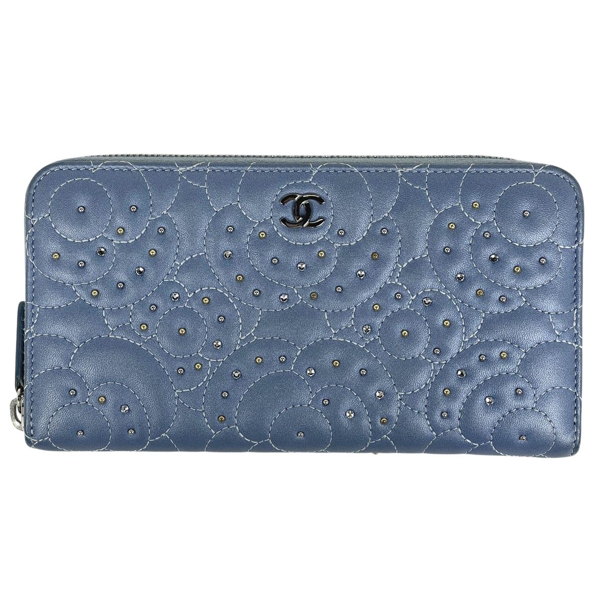 Chanel Camellia Zip Around Wallet CC Logo Leather Blue