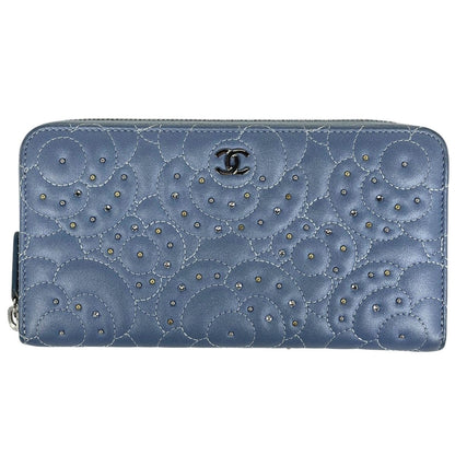 Chanel Camellia Zip Around Wallet CC Logo Leather Blue