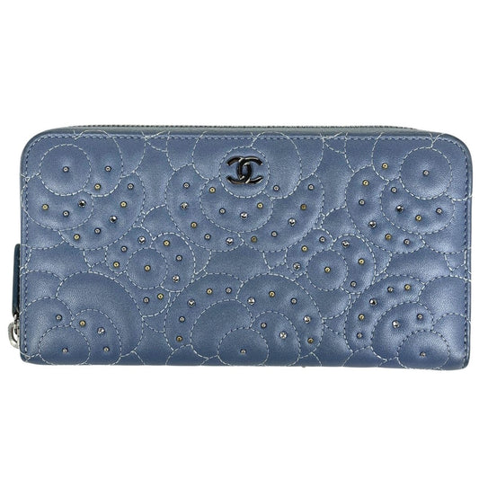 Chanel Camellia Zip Around Wallet CC Logo Leather Blue