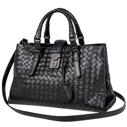 Bottega Veneta Intrecciato Small Rome Bag 2-Way Handbag Leather Black