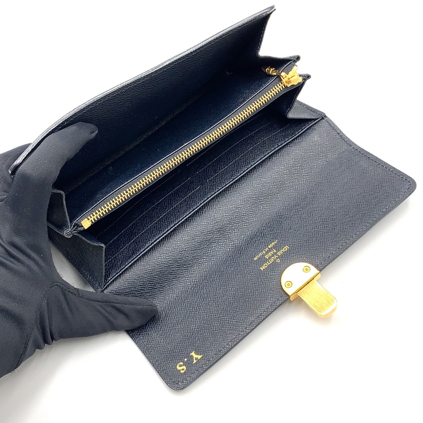 Louis Vuitton Portefeuille Sarah Cuir Utah Initials Leather Navy Wallet Gold — view 3