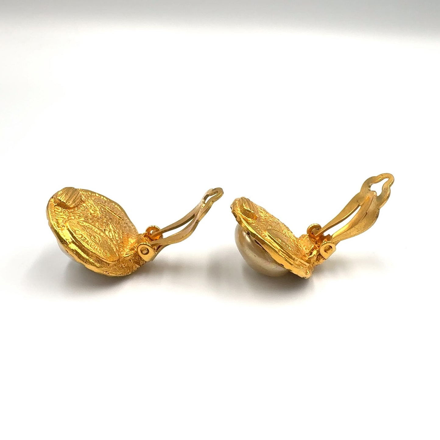 Chanel Round Logo Faux Pearl Gold White Earrings — view 8