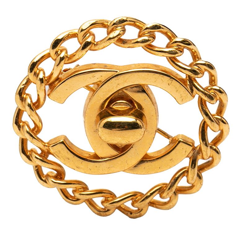 Chanel CC Logo Vintage Turnlock Chain Brooch Gold Plated