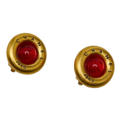 Chanel Gripoix Vintage Earrings Gold Red Plated