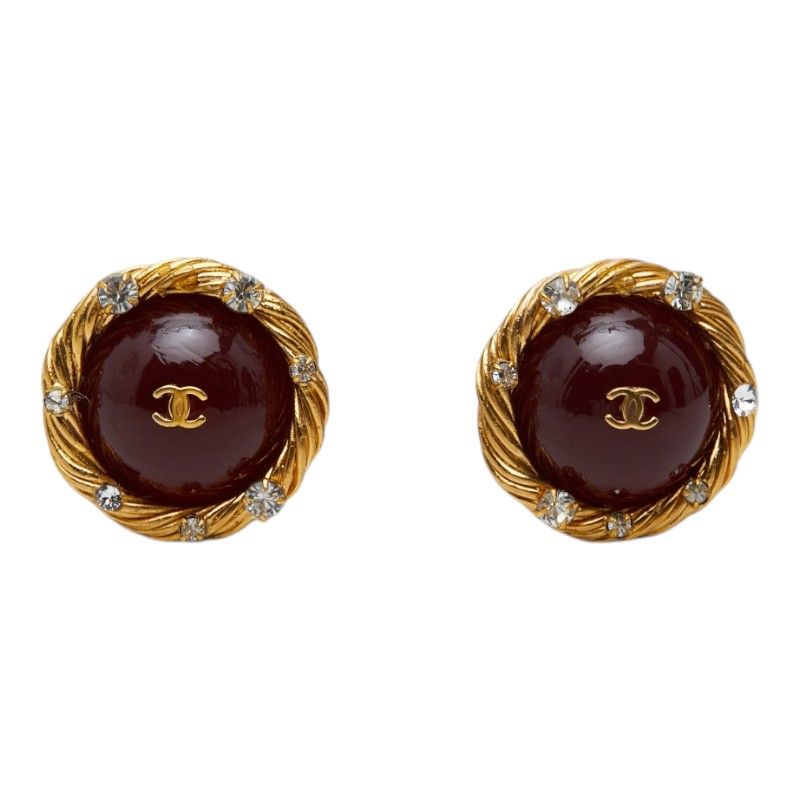 Chanel CC Logo Gripoix Earrings Gold Red Plated Rhinestone — view 2