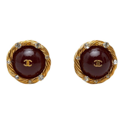 Chanel CC Logo Gripoix Earrings Gold Red Plated Rhinestone — view 2