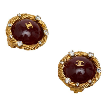 Chanel CC Logo Gripoix Earrings Gold Red Plated Rhinestone