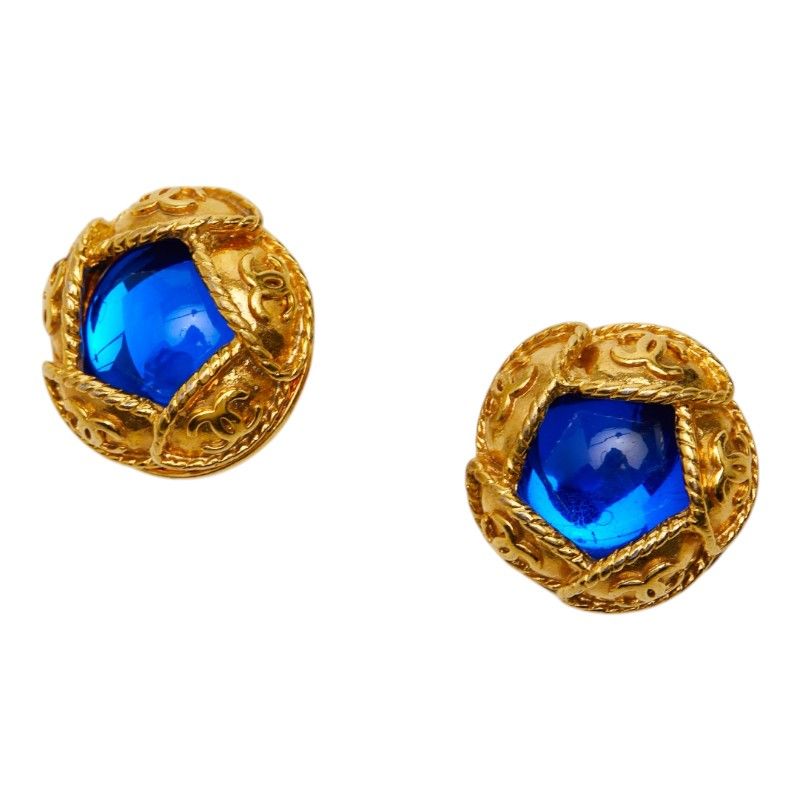 Chanel CC Logo Gripoix Vintage Earrings Gold Blue Plated