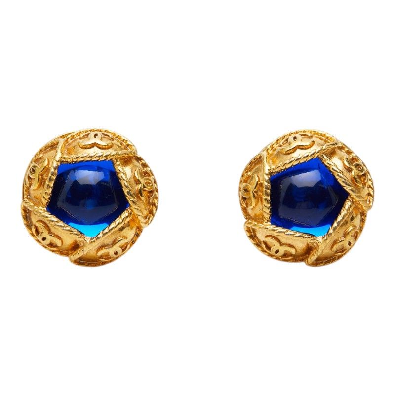 Chanel CC Logo Gripoix Vintage Earrings Gold Blue Plated — view 2