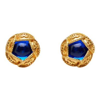 Chanel CC Logo Gripoix Vintage Earrings Gold Blue Plated — view 2