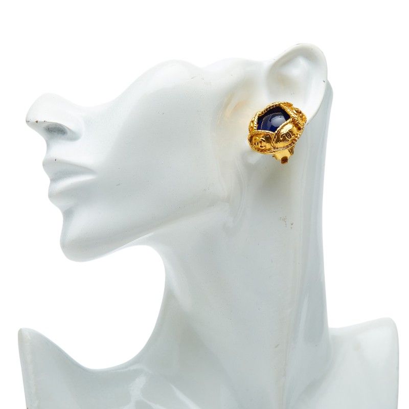 Chanel CC Logo Gripoix Vintage Earrings Gold Blue Plated — view 5