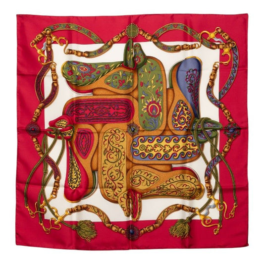 Hermes Carre 90 Festival Scarf Large Red Multi Color Silk
