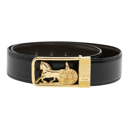 Celine Horse Carriage Vintage Motif Belt Black Brown Gold Leather Plated