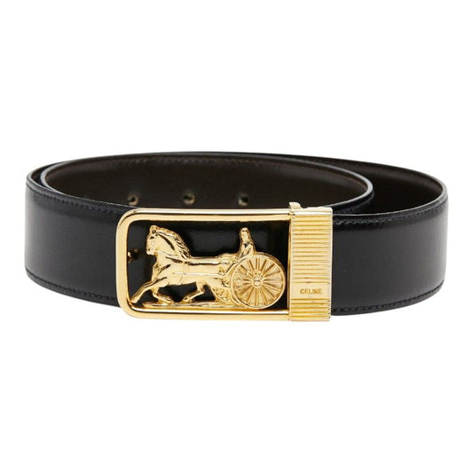 Celine Horse Carriage Vintage Motif Belt Black Brown Gold Leather Plated
