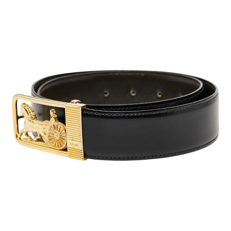 Celine Horse Carriage Vintage Motif Belt Black Brown Gold Leather Plated — view 2