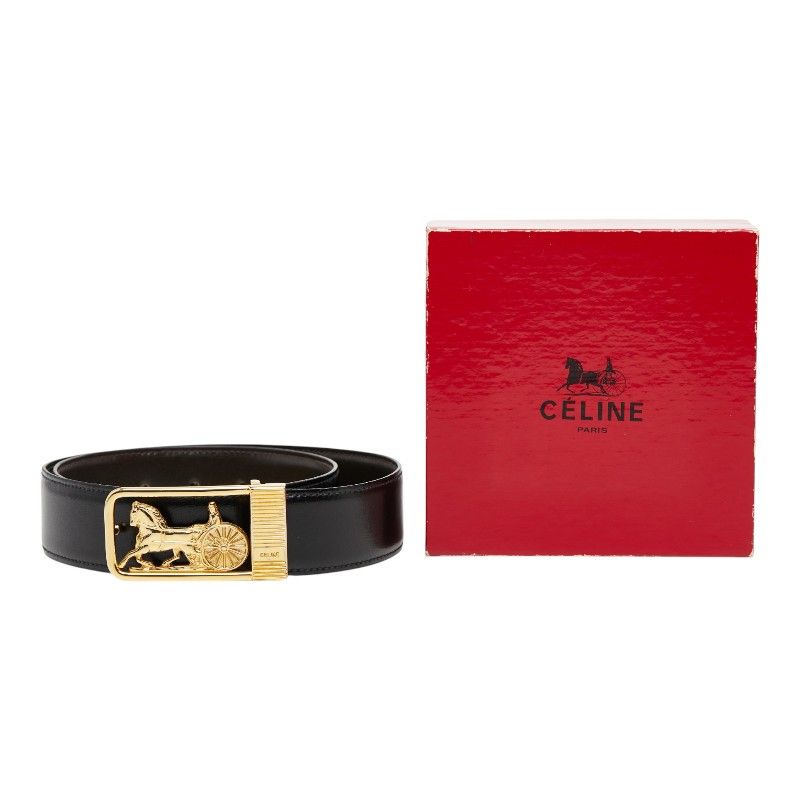 Celine Horse Carriage Vintage Motif Belt Black Brown Gold Leather Plated — view 9