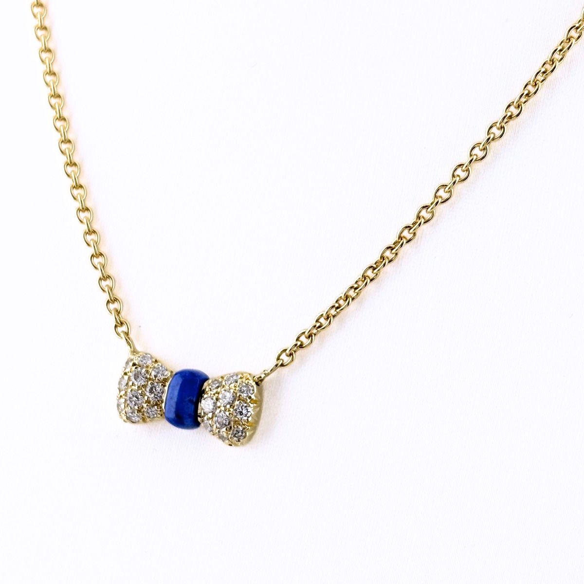 Van Cleef & Arpels Ribbon Motif Necklace YG Yellow Gold Pave Diamond Lapis