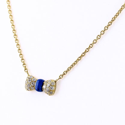 Van Cleef & Arpels Ribbon Motif Necklace YG Yellow Gold Pave Diamond Lapis