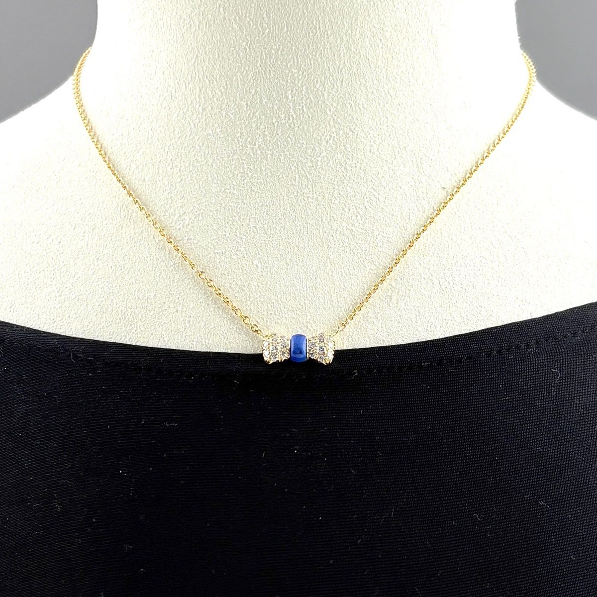 Van Cleef & Arpels Ribbon Motif Necklace YG Yellow Gold Pave Diamond Lapis — view 5