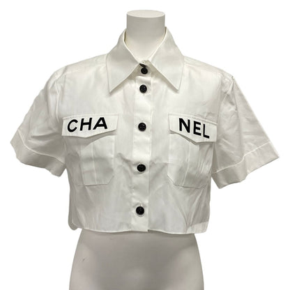 Chanel Short Sleeve Shirt Blouse 36 S White Black Short Length Logo Cotton