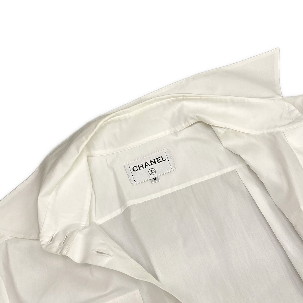 Chanel Short Sleeve Shirt Blouse 36 S White Black Short Length Logo Cotton — view 8