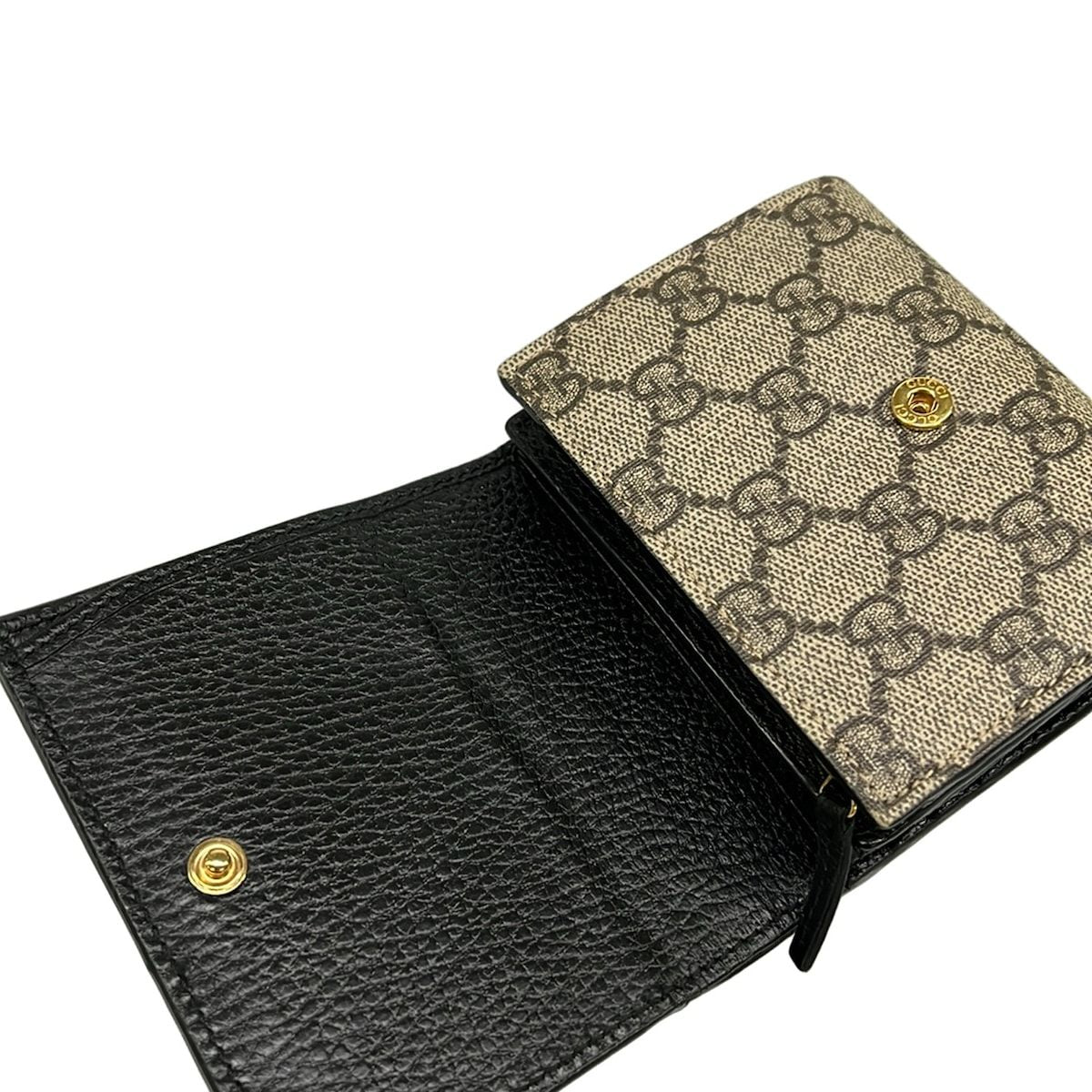 Gucci Bifold Wallet Double Bicolor Compact GG Supreme Beige Ebony Black Leather — view 3