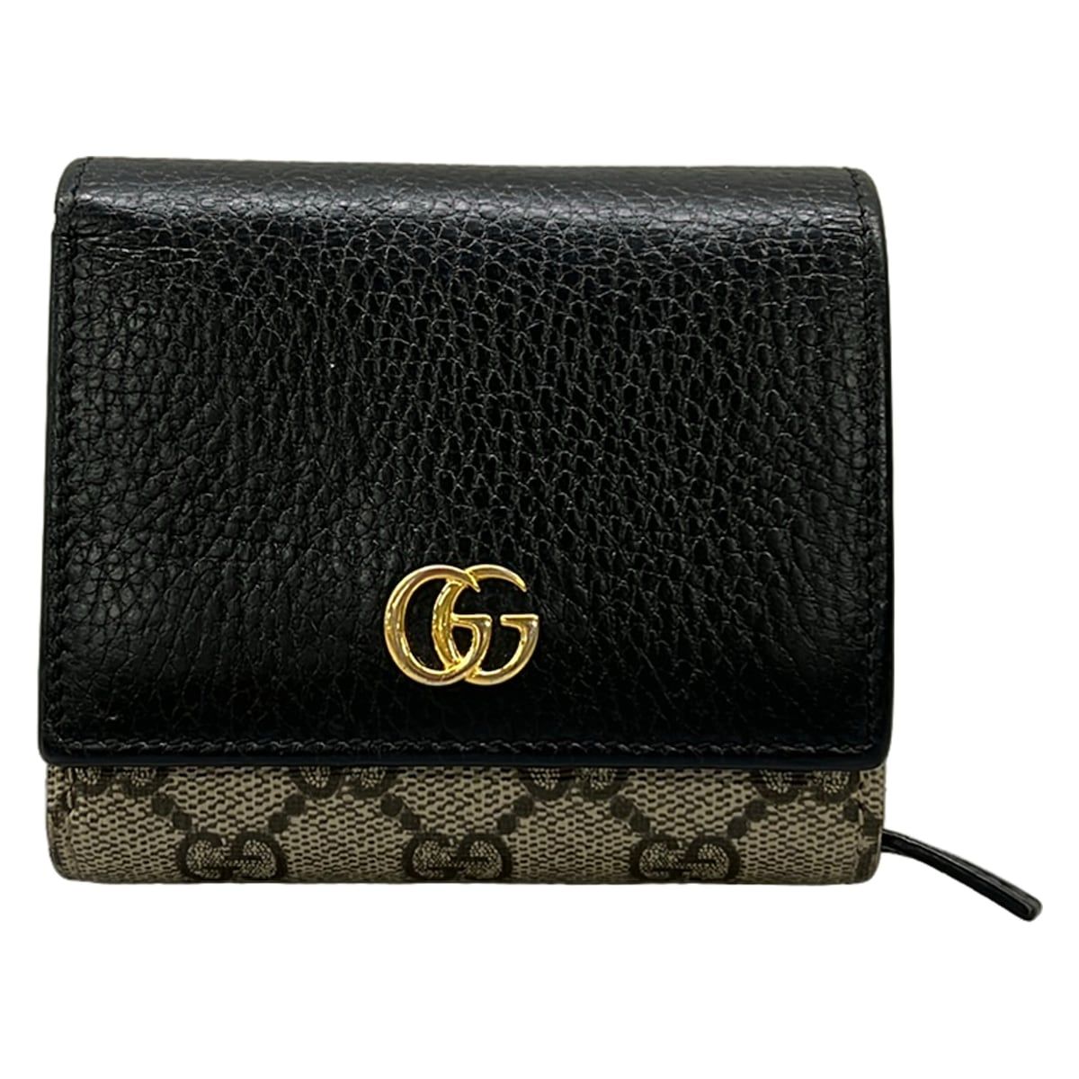 Gucci Bifold Wallet Double Bicolor Compact GG Supreme Beige Ebony Black Leather