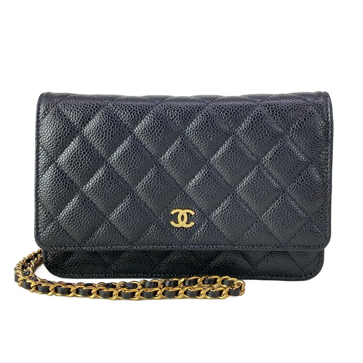 Chanel Wallet Quilted Black Chain Gold Metal