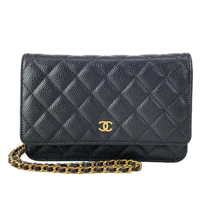 Chanel Wallet Quilted Black Chain Gold Metal