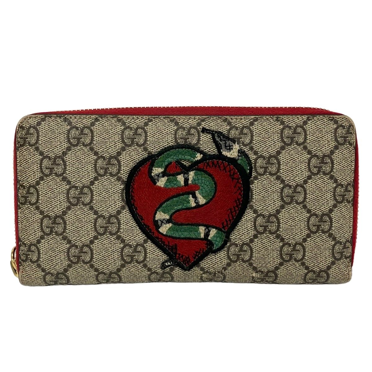 Gucci Wallet GG Pattern Beige Red Multi Zip Around Snake Leather