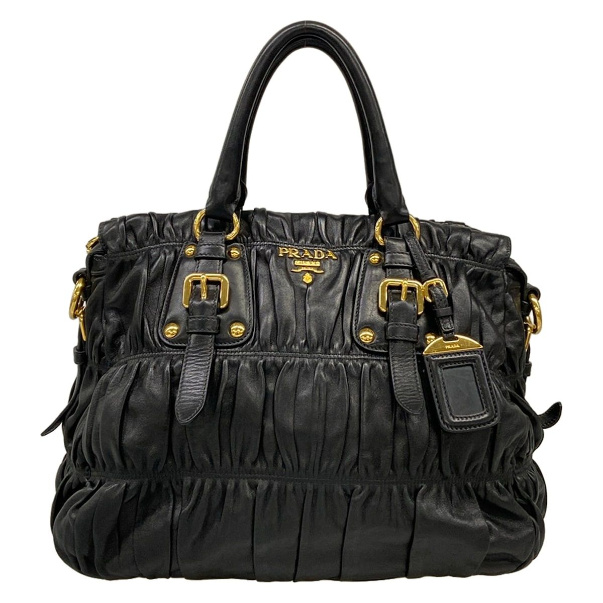 Prada Handbag Gather Bag Black Leather