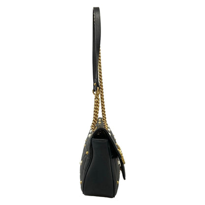 Gucci Shoulder Bag GG Marmont Quilted Small Bag Black Chain Pearl Studs Leather — view 2