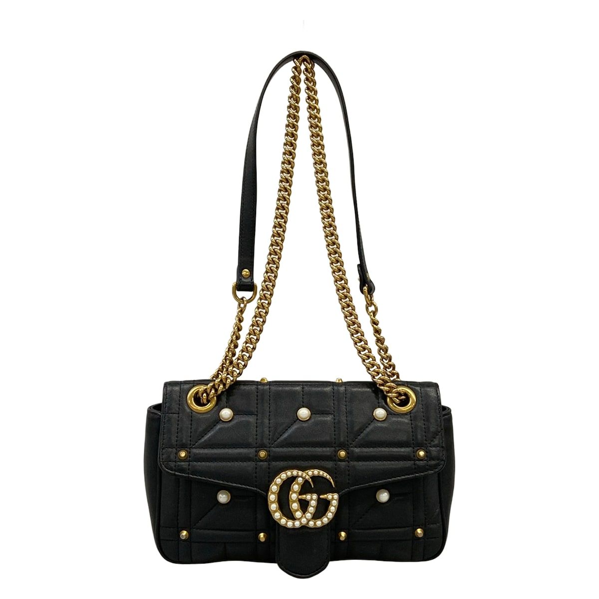 Gucci Shoulder Bag GG Marmont Quilted Small Bag Black Chain Pearl Studs Leather