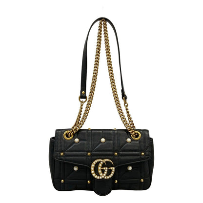 Gucci Shoulder Bag GG Marmont Quilted Small Bag Black Chain Pearl Studs Leather