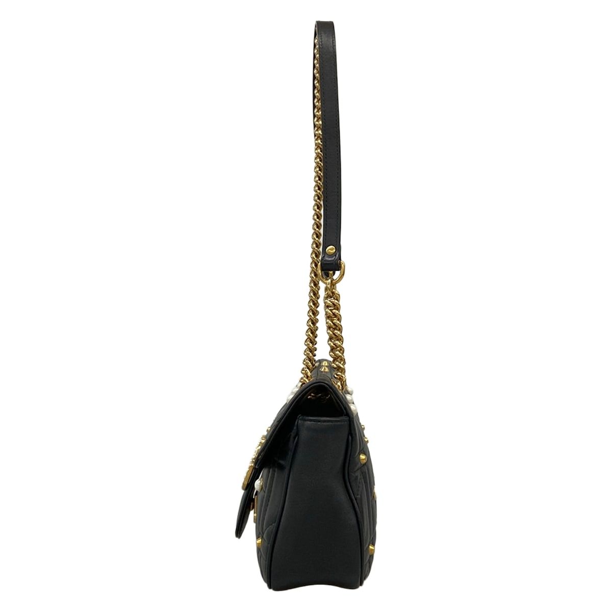 Gucci Shoulder Bag GG Marmont Quilted Small Bag Black Chain Pearl Studs Leather — view 4