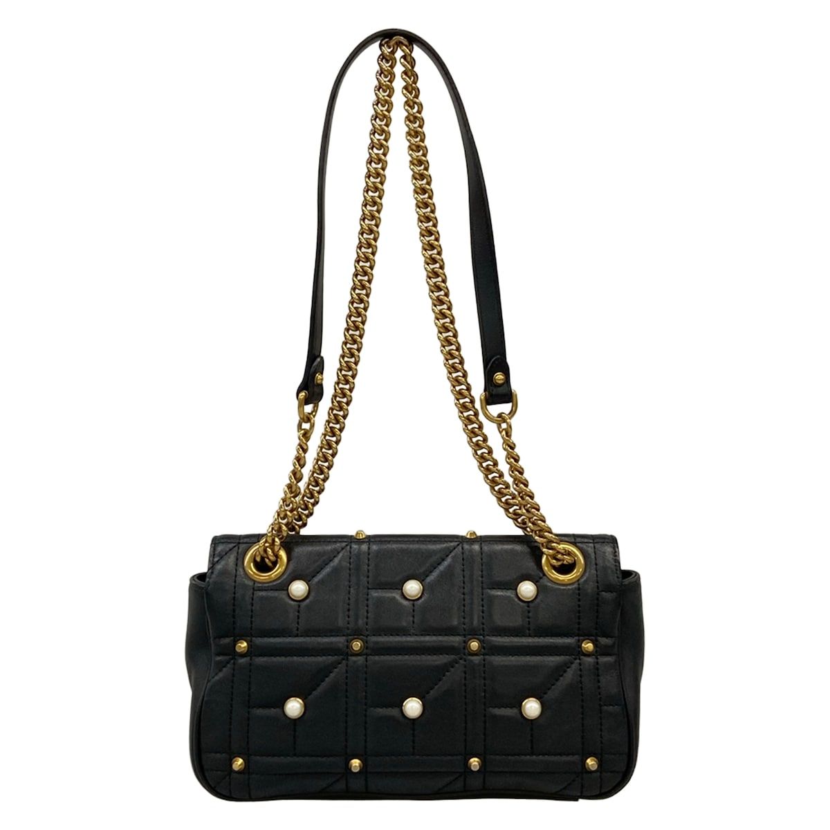 Gucci Shoulder Bag GG Marmont Quilted Small Bag Black Chain Pearl Studs Leather — view 3