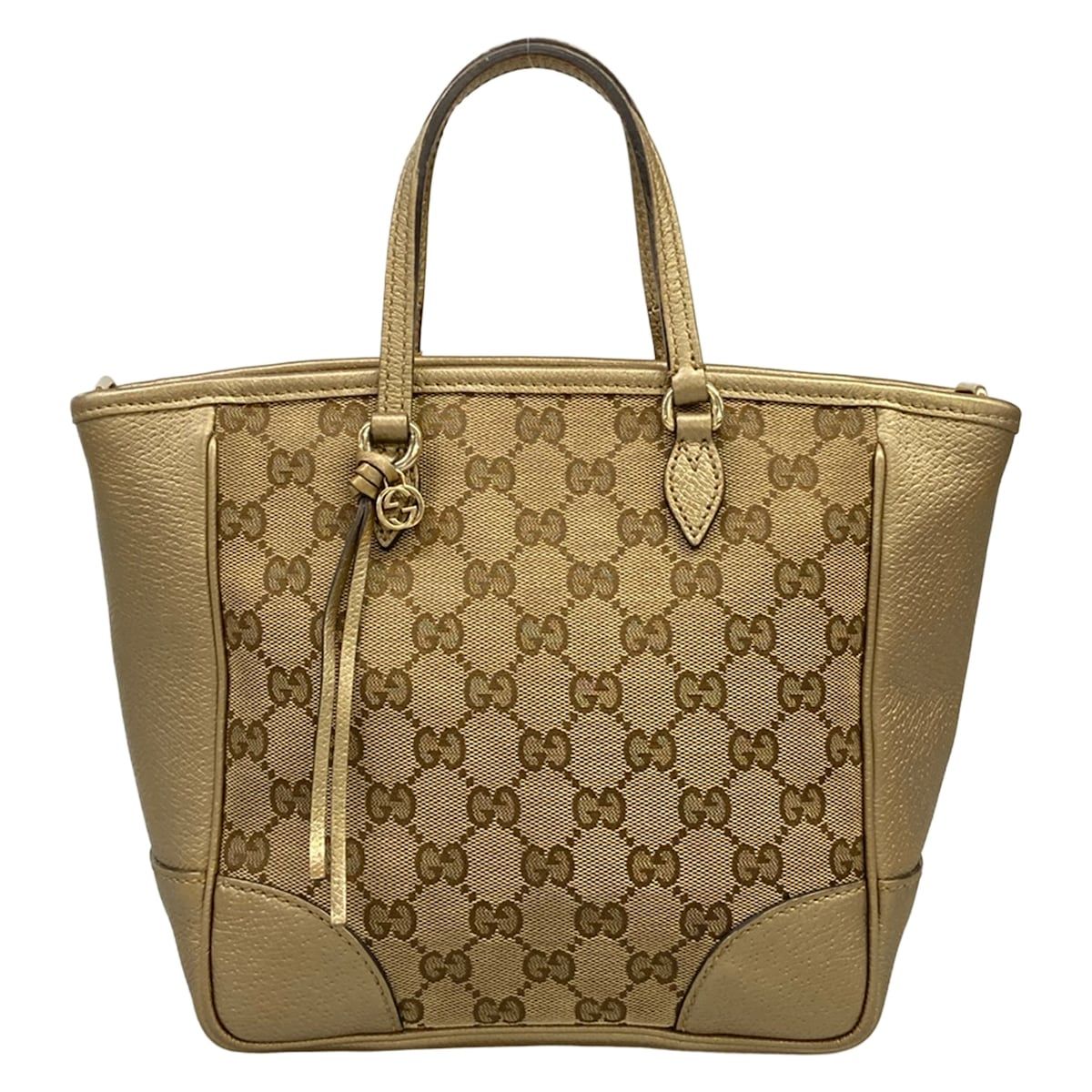 Gucci Handbag GG Pattern Beige Dark Brown Gold Leather