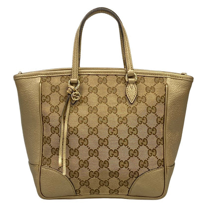 Gucci Handbag GG Pattern Beige Dark Brown Gold Leather