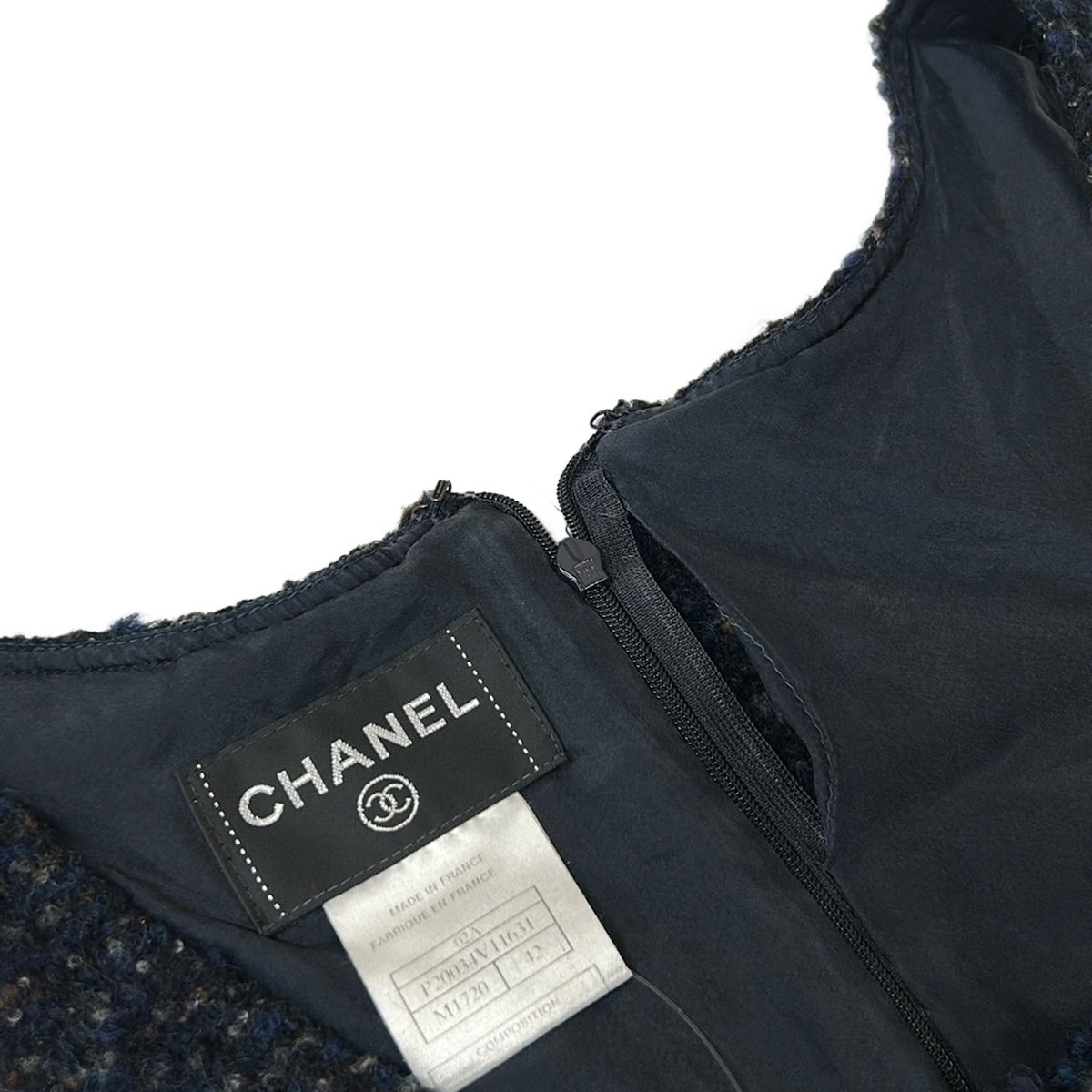 Chanel Dress 42 L Black Navy Multi Sleeveless Knee Length Knit Wool — view 5