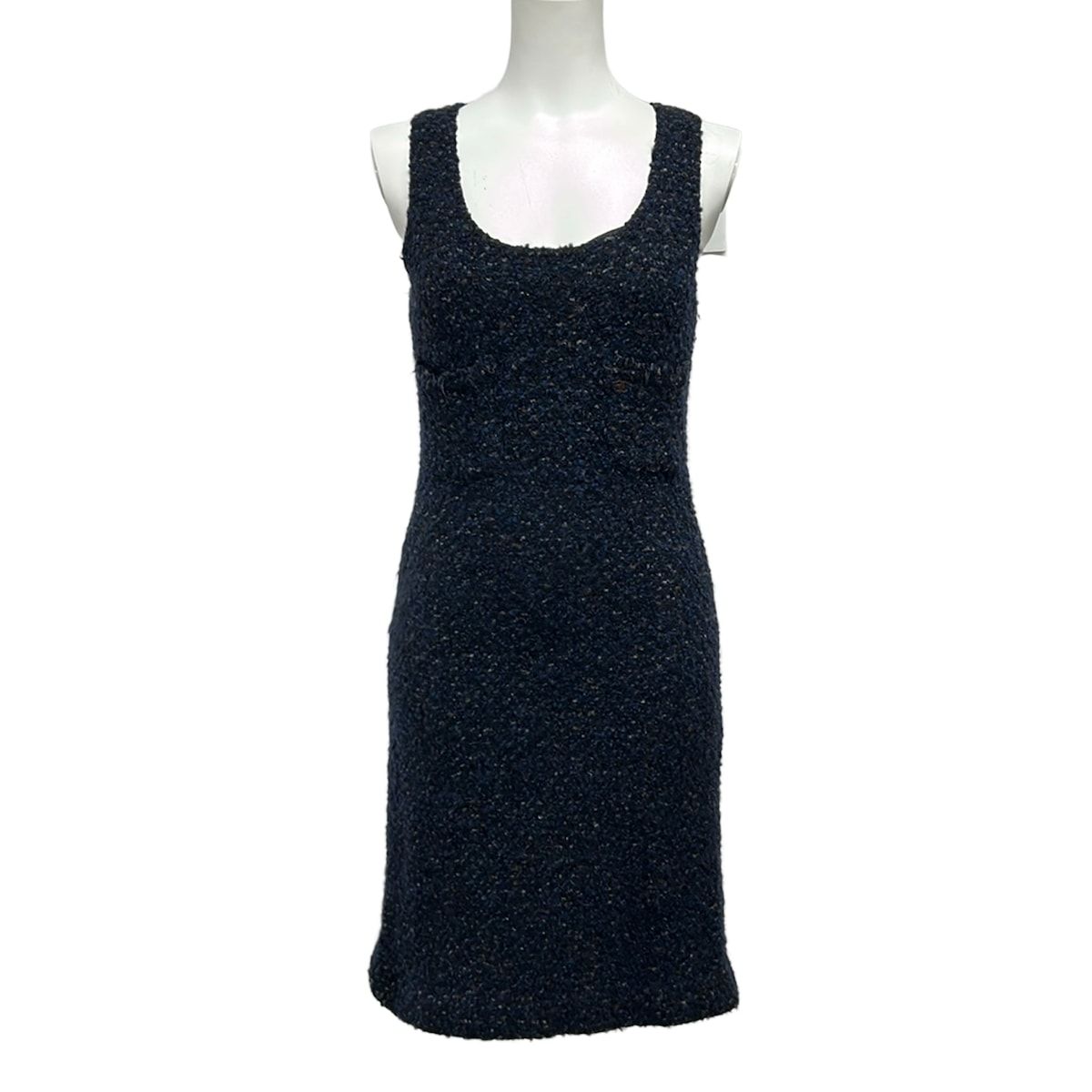 Chanel Dress 42 L Black Navy Multi Sleeveless Knee Length Knit Wool