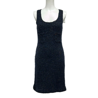 Chanel Dress 42 L Black Navy Multi Sleeveless Knee Length Knit Wool