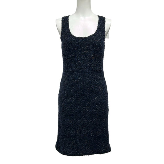 Chanel Dress 42 L Black Navy Multi Sleeveless Knee Length Knit Wool