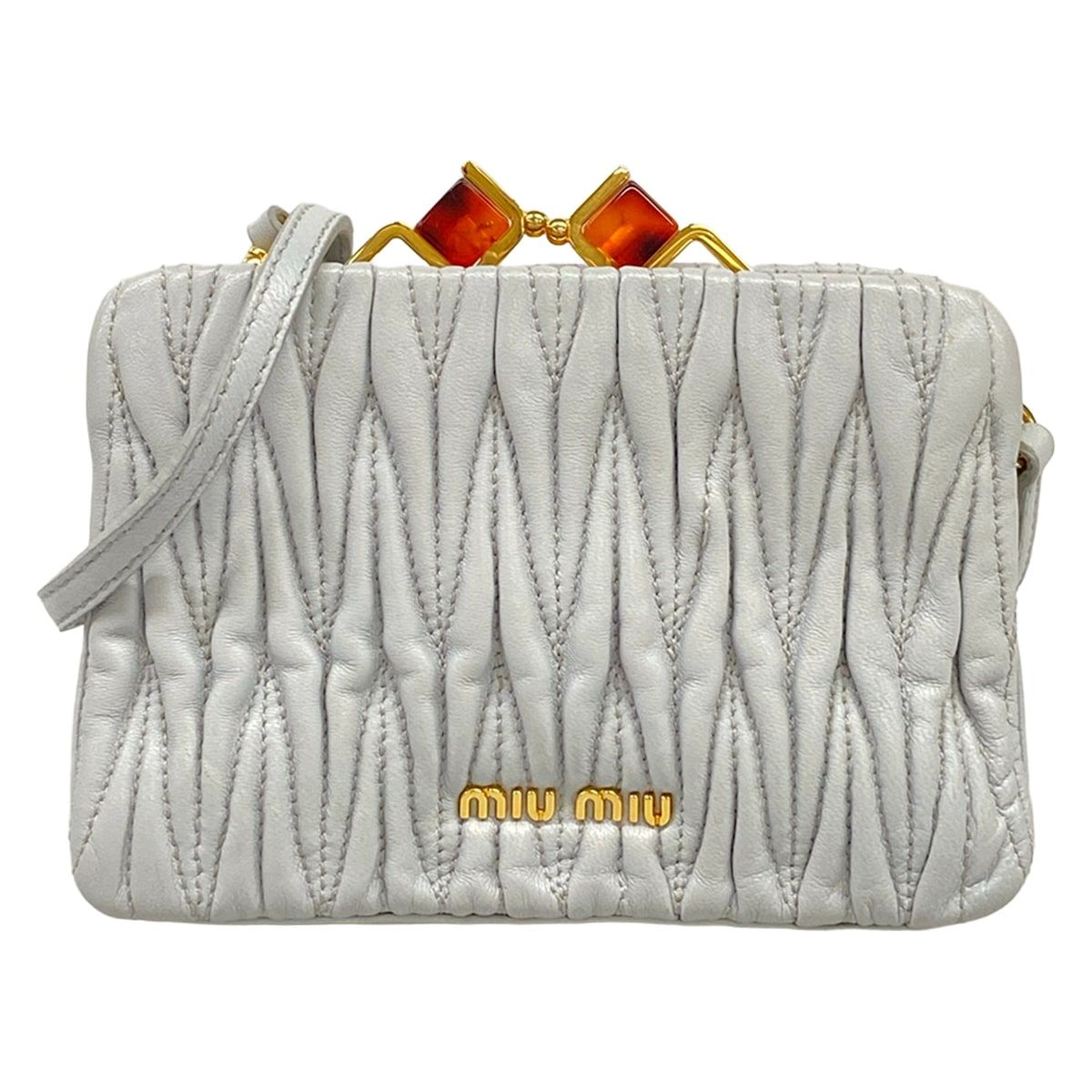 Miu Miu Shoulder Bag Matelasse Light Gray Kiss Lock Strap Removable Leather