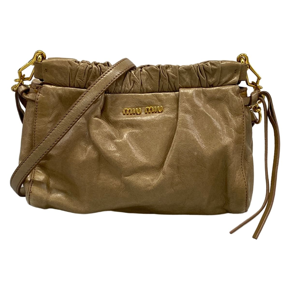 Miu Miu Shoulder Bag Gather Gray Beige Removable Strap Leather
