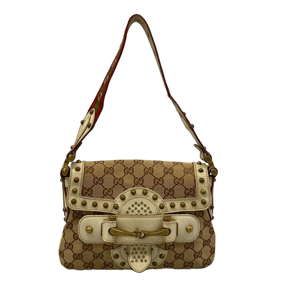 Gucci Shoulder Bag Horsebit GG Pattern Beige Dark Brown Studs Leather