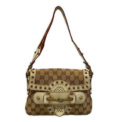 Gucci Shoulder Bag Horsebit GG Pattern Beige Dark Brown Studs Leather