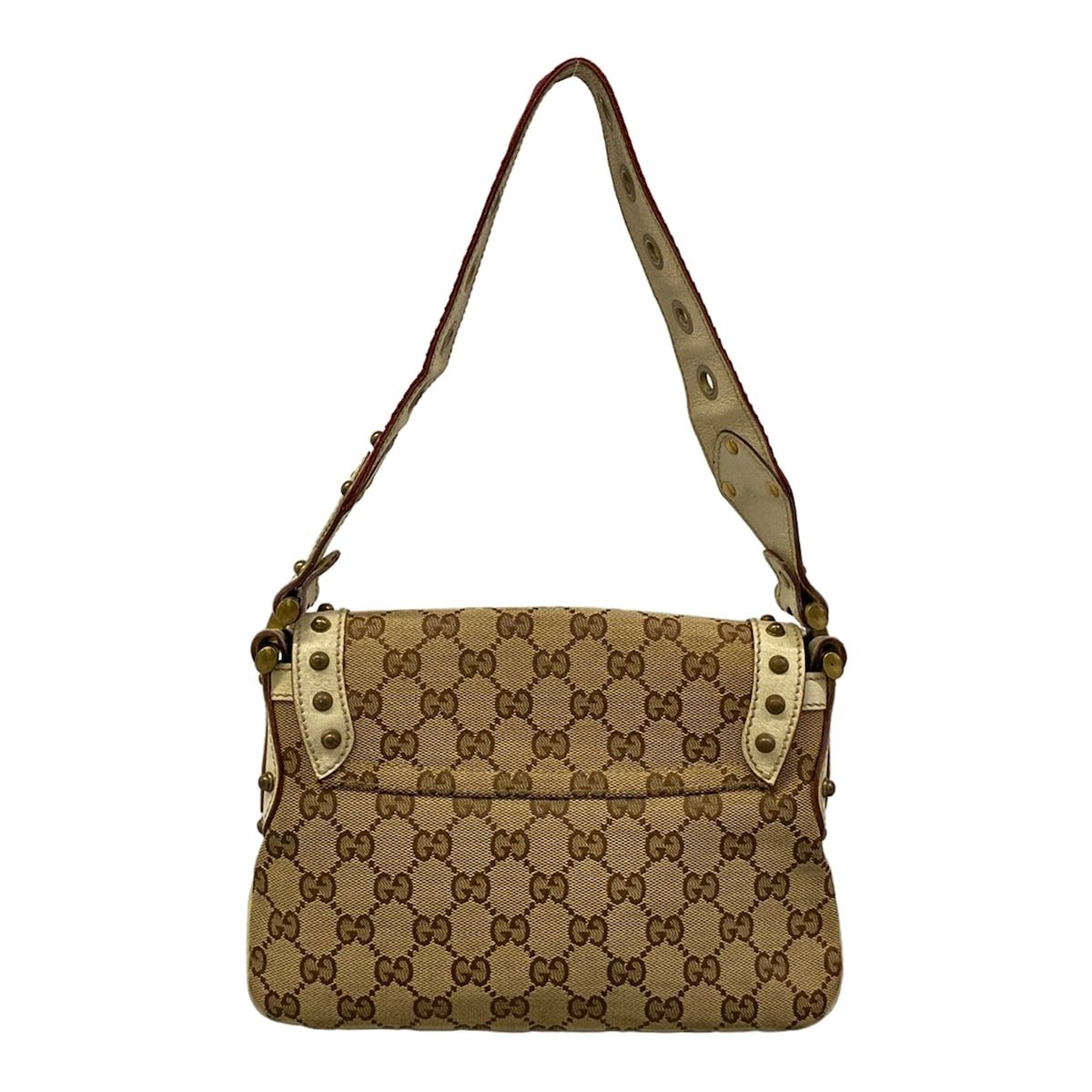 Gucci Shoulder Bag Horsebit GG Pattern Beige Dark Brown Studs Leather — view 3