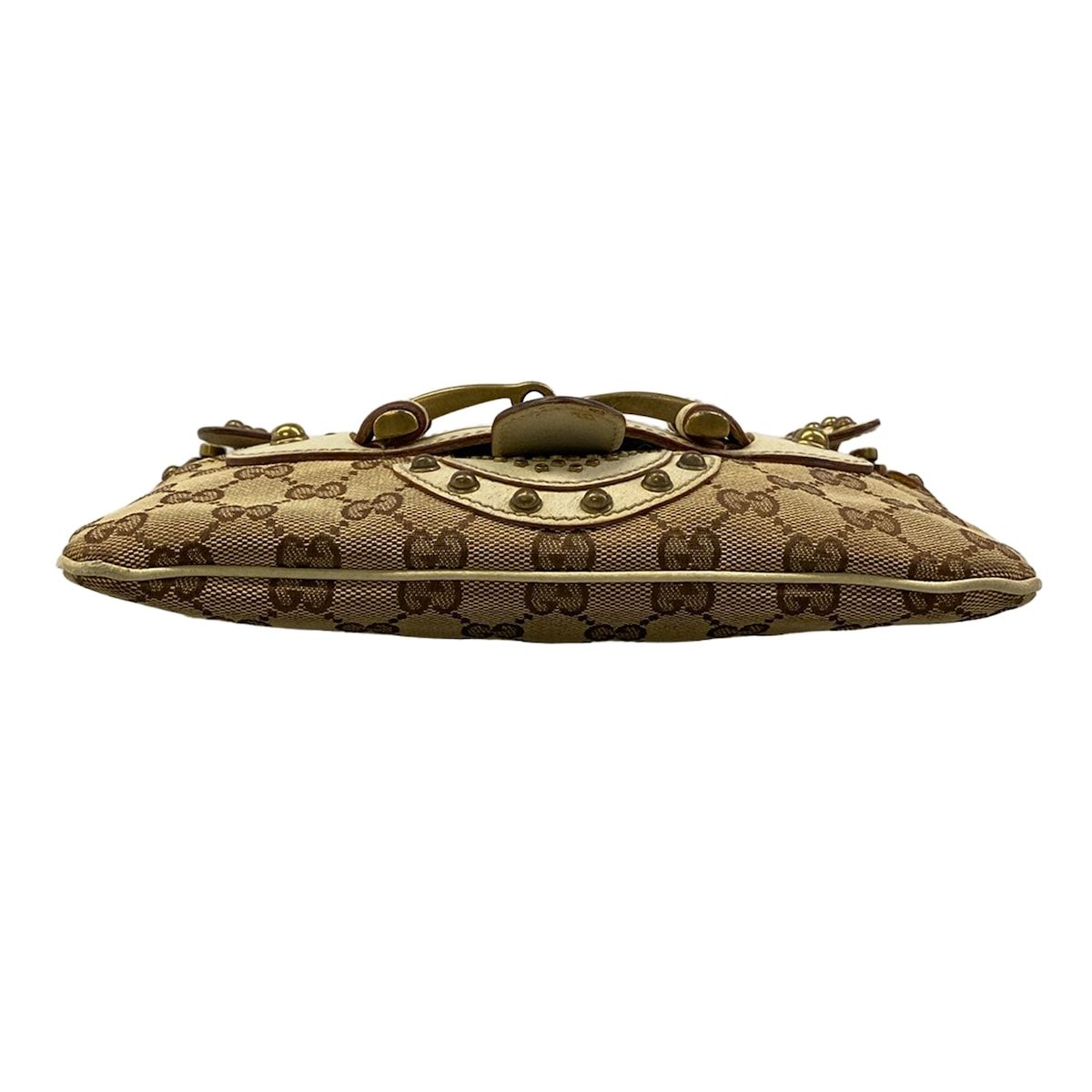 Gucci Shoulder Bag Horsebit GG Pattern Beige Dark Brown Studs Leather — view 5