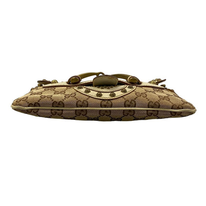 Gucci Shoulder Bag Horsebit GG Pattern Beige Dark Brown Studs Leather — view 5