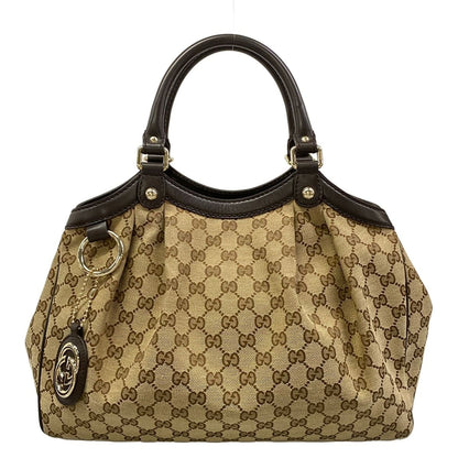 Gucci Tote Ski GG Pattern Beige Dark Brown Leather